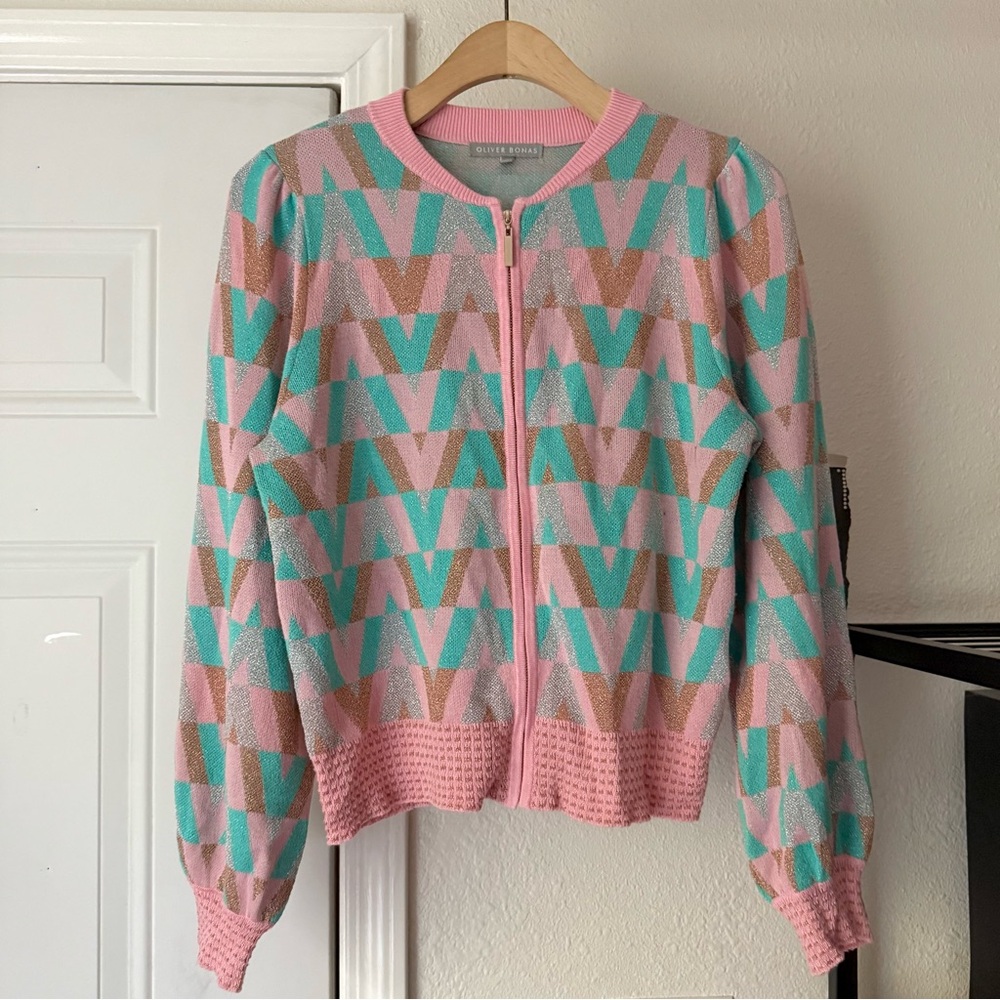 OLIVER BONAS‎ multicolor sparkle metallic glitter chevron full zip sweater